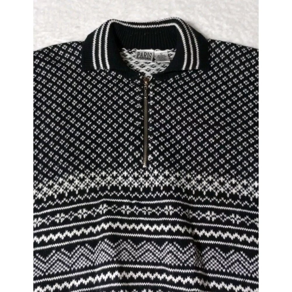 PARIS Sport Club Women's Large Half-Zip Sweater Black White w/ collar EUC